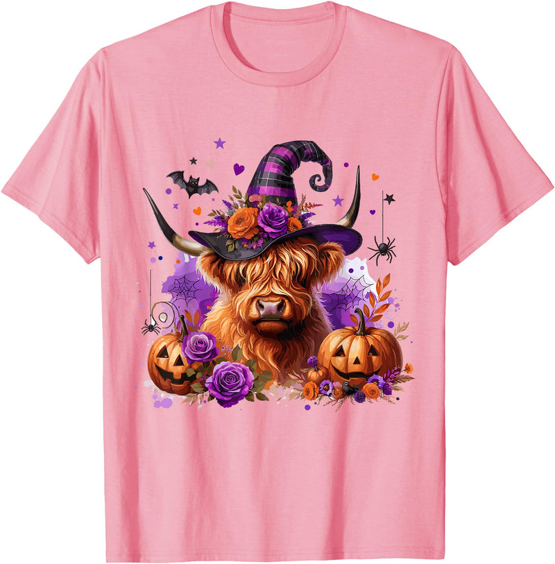 Cute and Funny Halloween Gifts Halloween Highland Cow Pumpkin Witchy Bat T-Shirt - Pink