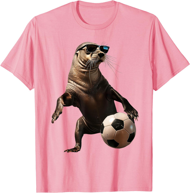 Animal Soccer Design Sea Lion Soccer T-Shirt - Pink