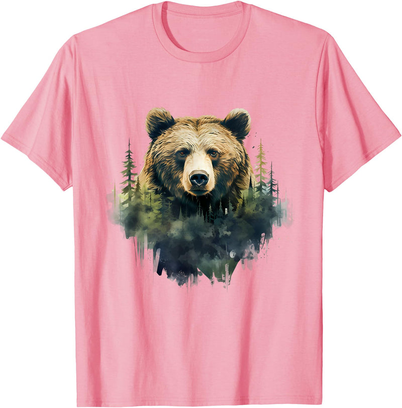 Bear Forest Animal Art Portrait Forest Artwork Wildlife T-Shirt - Pink