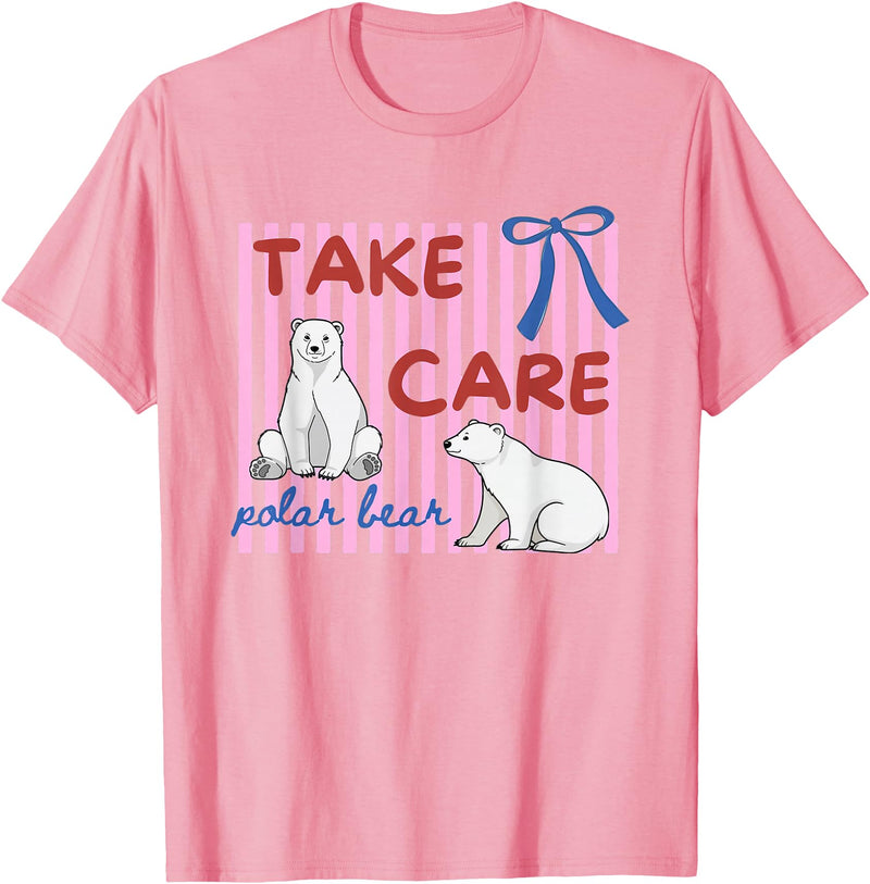 Last day of School Teacher Team Tee Pink Striped Take Care Polar Bear End of Year Teacher Team T-Shirt - Pink