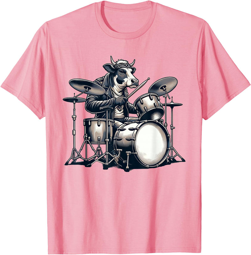 Cute Cow Playing Drums Cow Lover Apparel Cute Cow Playing Drums Cows Drummer Music T-Shirt - Pink