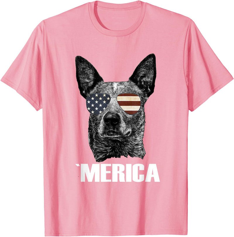 Australian Cattle Dog Patriotic Tee Gifts Merica Australian Cattle Dog with USA Flag Sunglasses Gift T-Shirt - Pink
