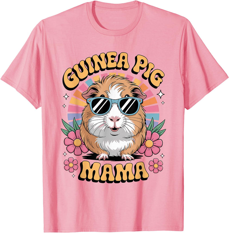 Guinea Pig Rodents Lover Mom Mother'S Day Guinea Pig Mama Floral Vintage 60s 70s Sunglasses T-Shirt - Pink