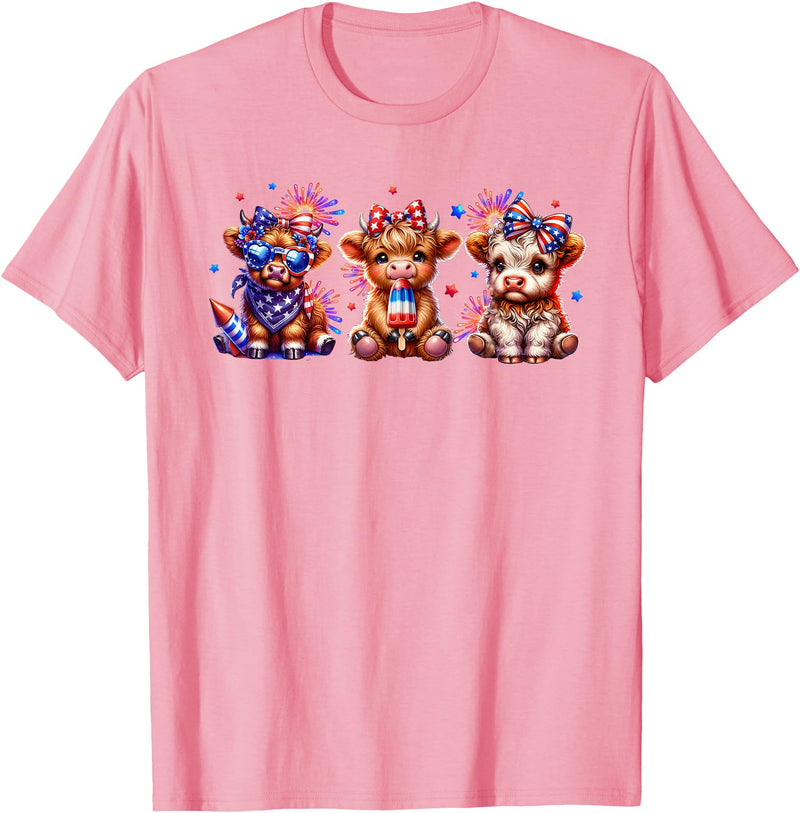 July 4th Highland Cow Farm Lovers American Costume Highland Cow Cattle Animal Lover Patriotic 4th of July T-Shirt - Pink
