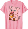 Funny Cute Pig Ice Cream Kawaii Design Pig Eating Ice Cream Graphic Boys Girls Pig Lover T-Shirt - Pink