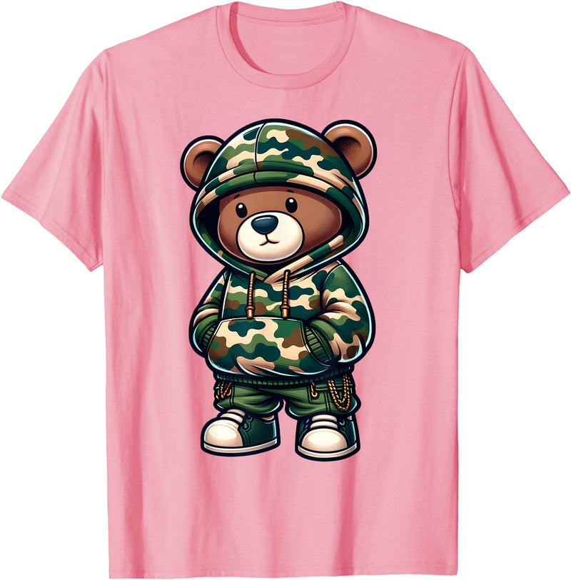 Camo Teddy Bear Hip Hop Designs for Men & Boys Camo Hip Hop Teddy Bear Camouflage Gangsta Streetwear Hustle T-Shirt - Pink