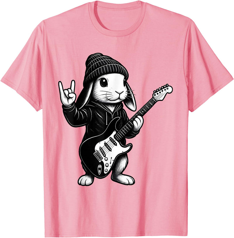 Cute Easter Bunny Rabbit Rock Guitar Music Player Animal T-Shirt in Pink