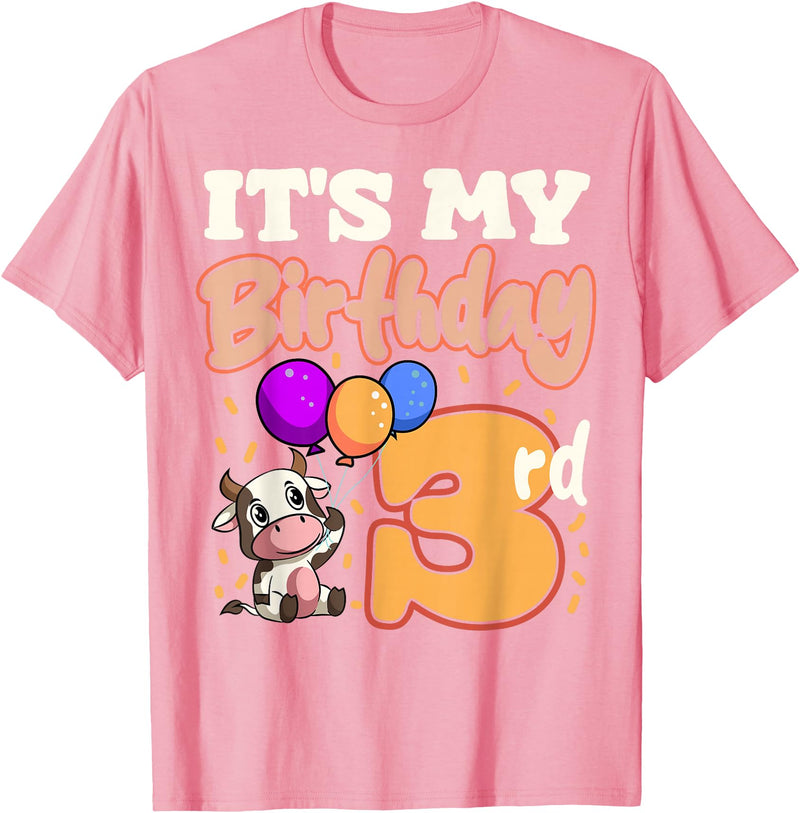 Cow Birthday 3 Party Farmyard Apparel Cow 3rd Birthday Party Balloons Moo Farm Animal Vet Barn T-Shirt - Pink