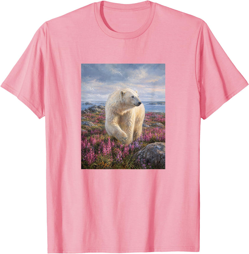 Dee Claire Art & Designs Polar Bear Summer Wildflower Meadow Nature Artwork T-Shirt - Pink
