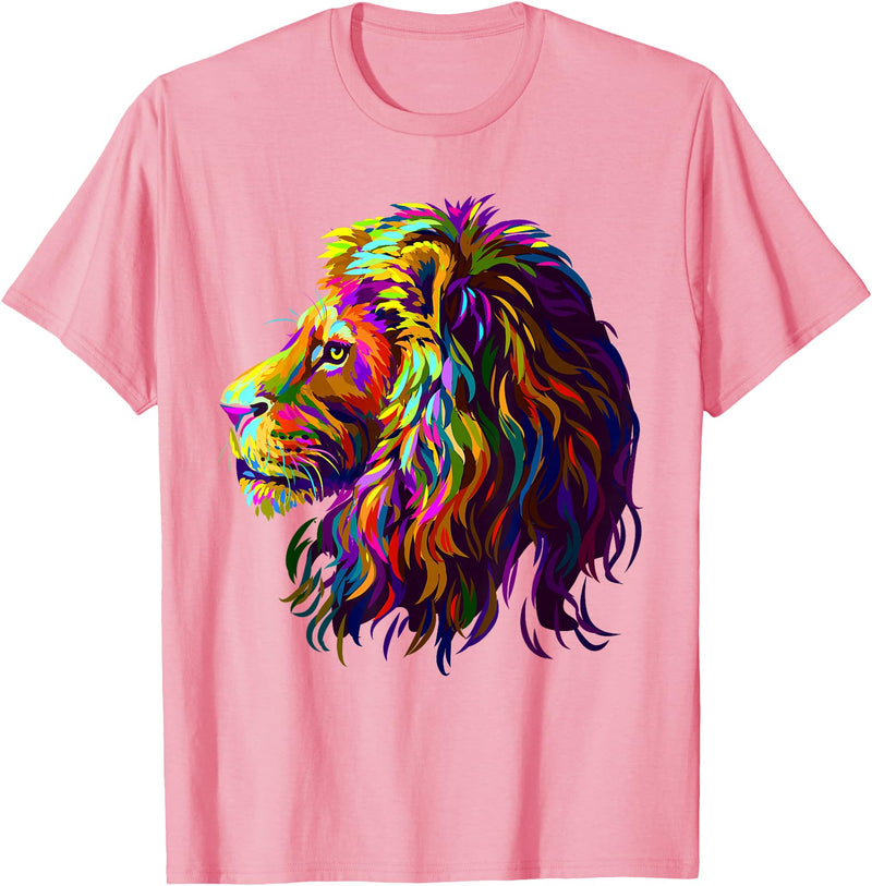 Lion Artistic For Men Women Kids Colorful Lion Head Design Pop Art Style T-Shirt - Pink