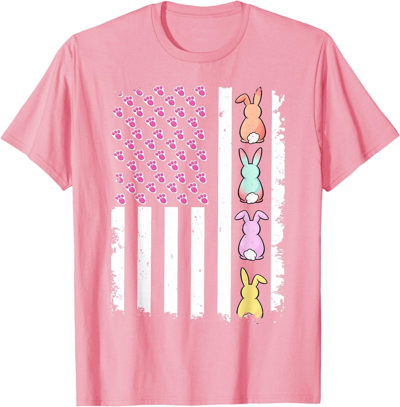 US American Flag with Bunny for Easter Day Men Women Kids T-Shirt in Pink