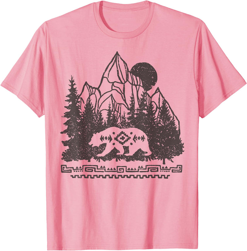 Trendy Apparel Cali Bear Forest And Mountains Background T-Shirt - Pink