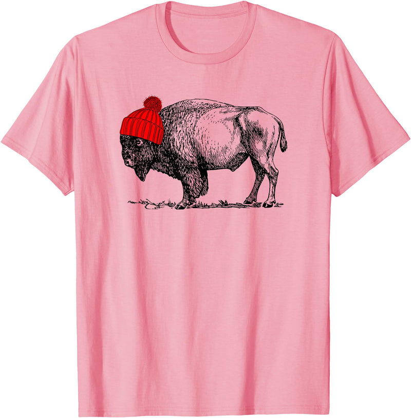 Buffalo Beanie Buffalo Wearing a Beanie Stocking Hat T-Shirt T-Shirt - Pink