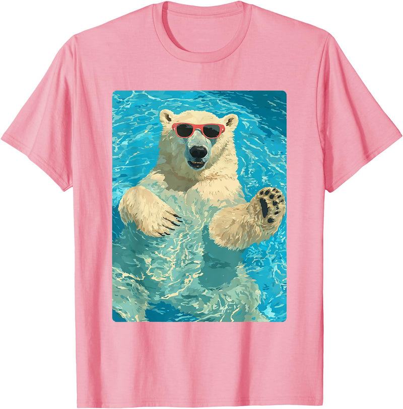 Pool Party Summer Animals Designs Funny Polar Bear with Sunglasses Summer Animal Swimming T-Shirt - Pink