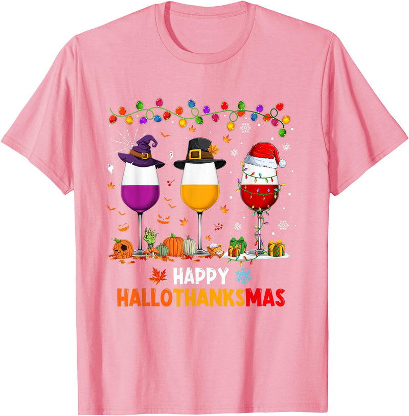 Funny Halloween Thanksgiving Christmas Wine Halloween Thanksgiving Christmas Happy Hallothanksmas T-Shirt - Pink