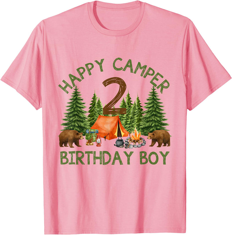 Camping 2nd Birthday Adventure Family Matching Camper 2nd Birthday Boy Forest Bear Camping Adventure Gift T-Shirt - Pink