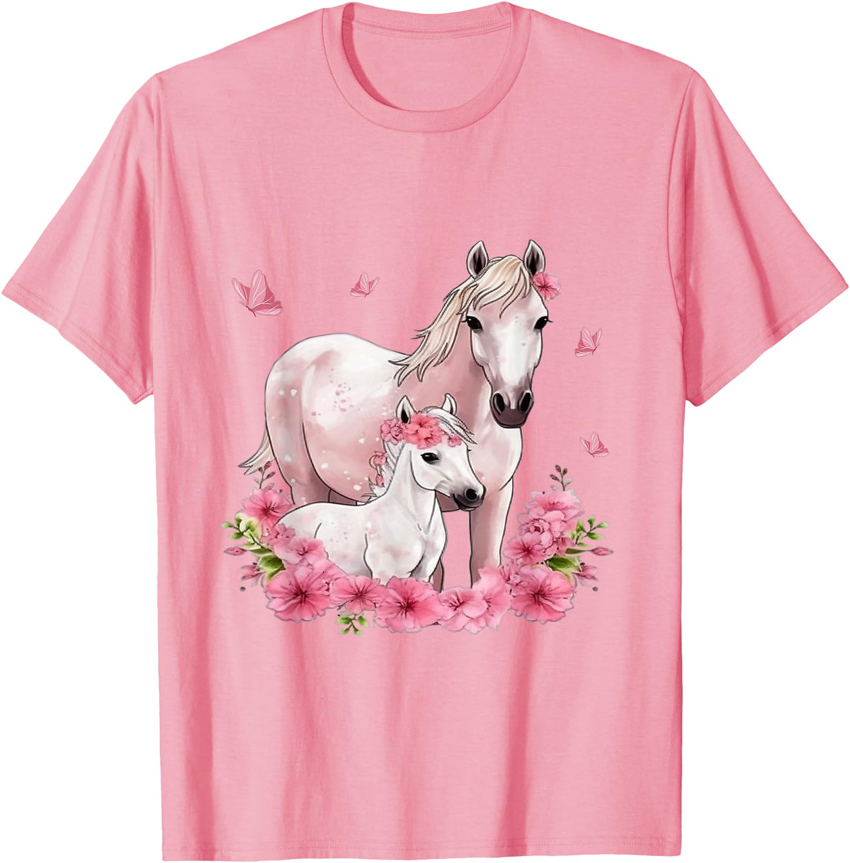 Horse Foal Butterfly Girl Flowers Horseback Riding Horse with Foal - Flowers and Butterflies T-Shirt - Pink