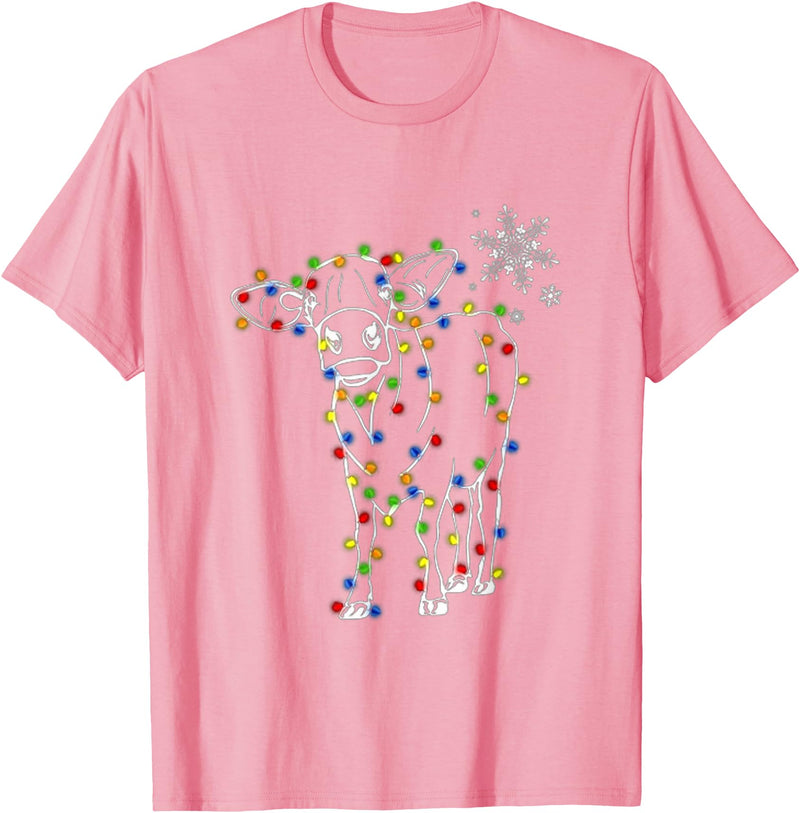Cow Christmas Light Tree Cow Xmas Snow Lover T-Shirt - Pink