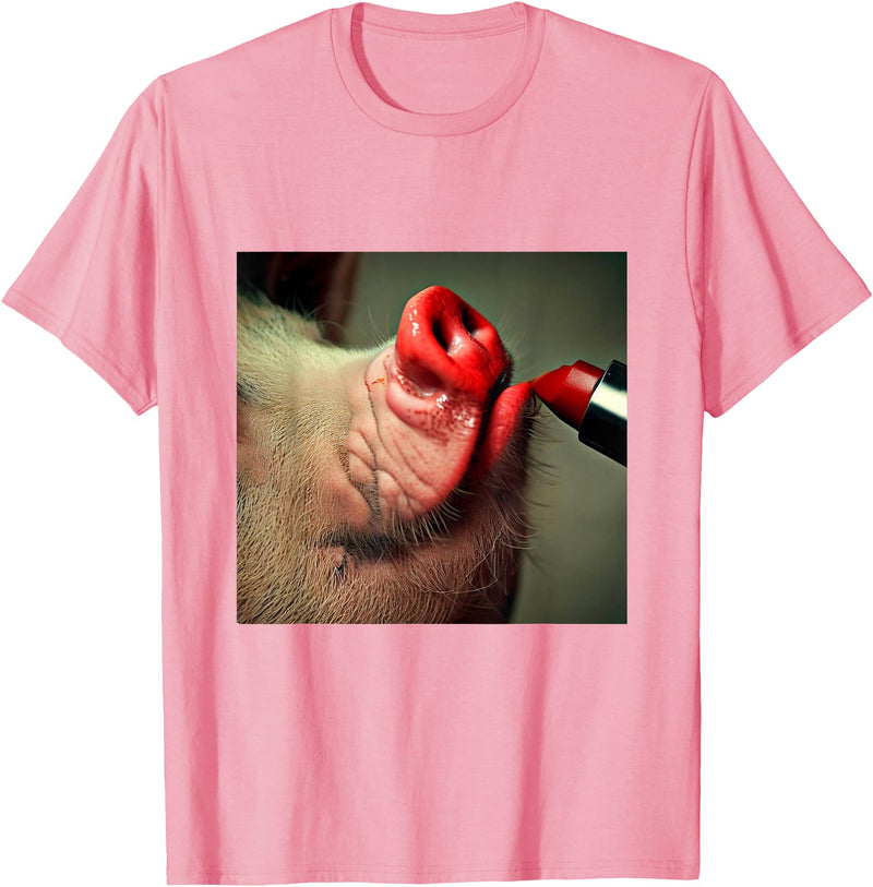 Special Lipstick Gifts Lipstick on a Pig Slogan T-Shirt - Pink