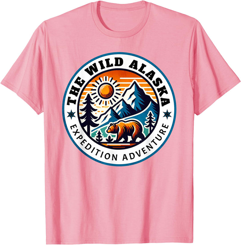 Hiking Glacier Bear and Alaska Frontier Apparel Glacier Mountain Landscape and Alaskan Bear Wildlife T-Shirt - Pink