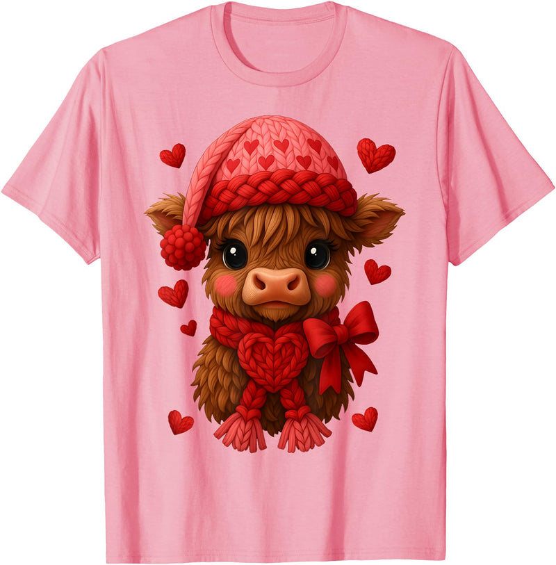 Coquette Bow Highland Cow Valentine Women Girls. Highland Cow Valentines Day Funny Hearts Valentine Cow Women T-Shirt - Pink