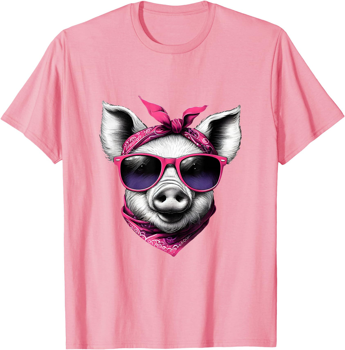 Fashionable Animals Wearing Pink Bandanas Pig Wearing A Pink Bandana Headband And Sunglasses T-Shirt - Pink