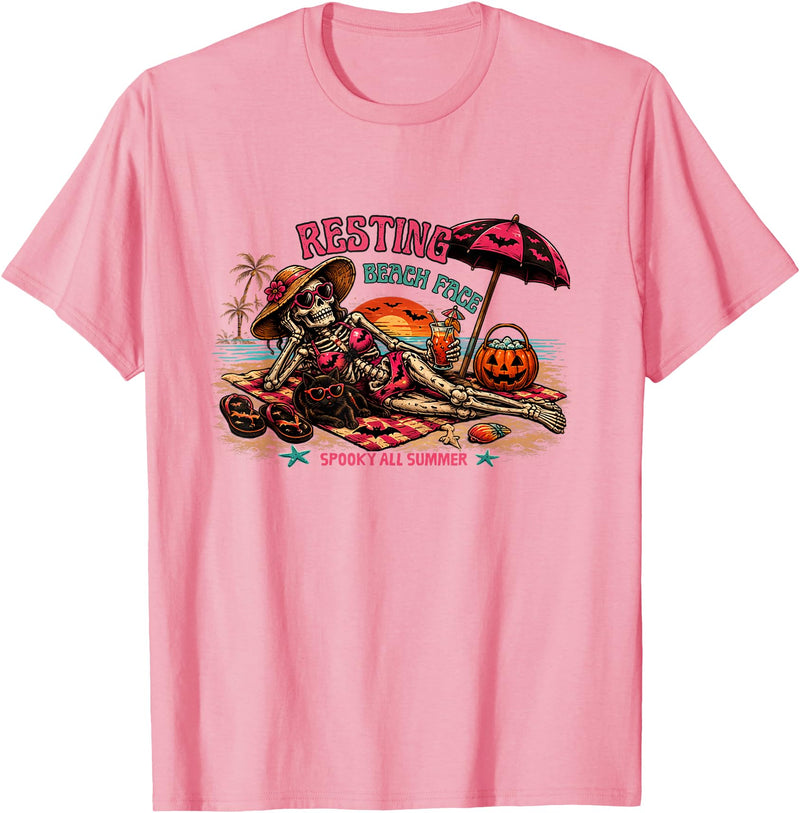 Spooky Summer Vibes retro summerween halloween Funny Skeleton Beach Halloween Resting Beach Face summerween T-Shirt - Pink