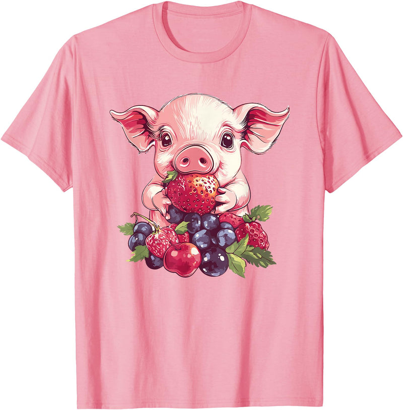 Cute Pig Eating Strawberries And Berries Fun Adorable Pig With Strawberries And Berries T-Shirt - Pink