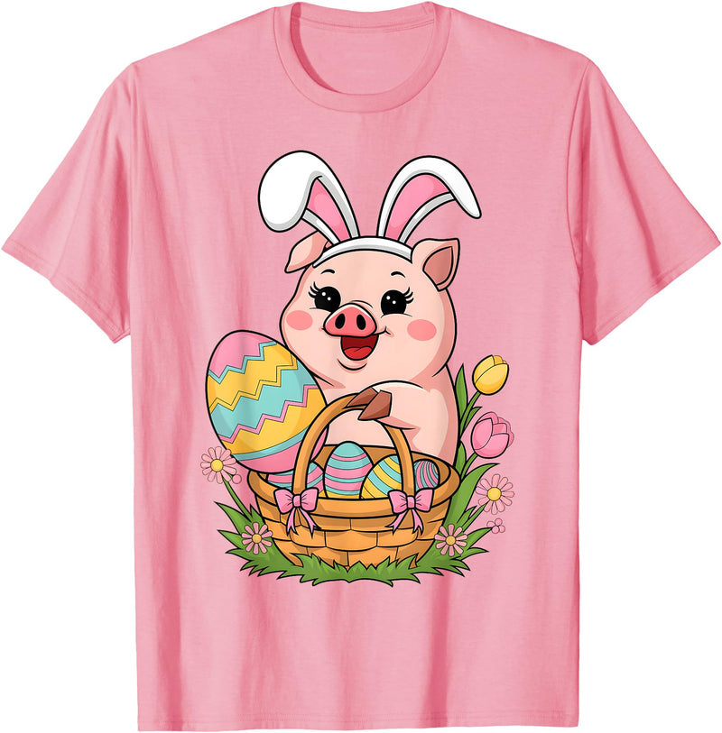 Happy Easter Pig Animal Happy Easter Women Girls Kids Easter Egg Basket Easter Pig T-Shirt - Pink