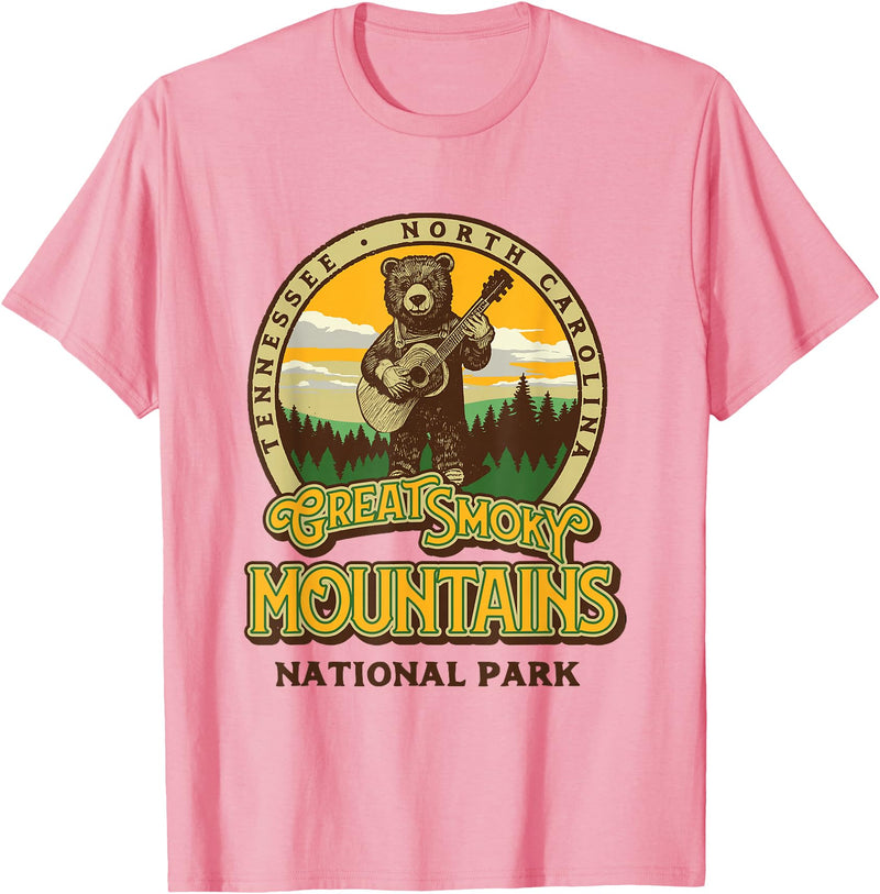 The Thrift Garage Great Smoky Mountains National Park Guitar Bear Cute Smokies T-Shirt - Pink