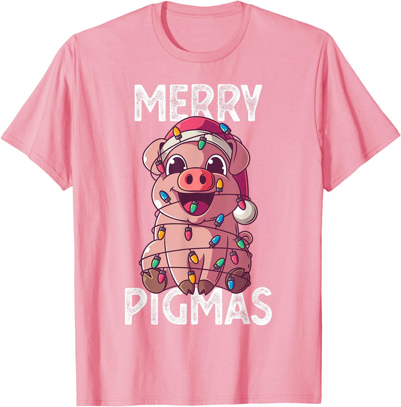 The Weird Shop Merry Pigmas Pig Christmas Santa Pig Xmas Lights Farmer Gift T-Shirt - Pink