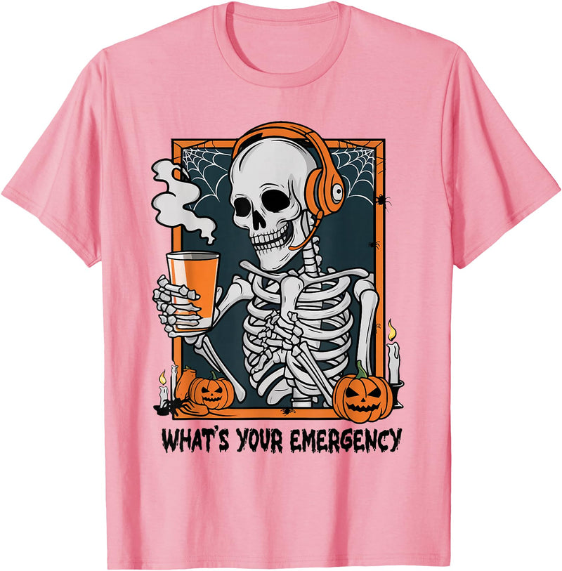 Funny 911 Dispatcher Halloween Skeleton What Your Emergency T-Shirt - Pink