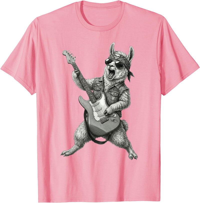 Rock Guitar Llama Stuff Accessories & Gifts Llama Playing Guitar Rock & Roll Llamas Alpaca Rocker Music T-Shirt - Pink