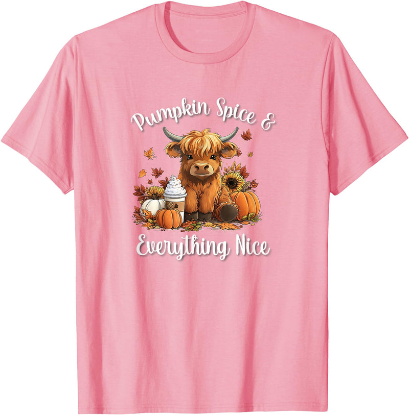 Boho Cowgirl Fall Y'all Gifts T Shirts & Hoodies Womens Pumpkin Spice & Everything Nice Highland Cow Lover T-Shirt - Pink
