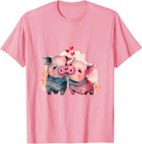 Unique Pig Lover Decor & Apparel Gifts Shop Two Loving Pigs In Love Heart Valentine's Day Pig T-Shirt - Pink