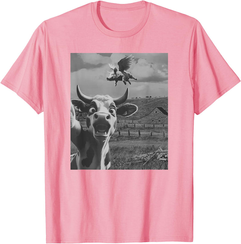 When Pigs Fly Pig Lover Designs Apparel Gifts Cow Selfie With Flying Pigs Fly Funny Gift for Men Women Kid T-Shirt - Pink