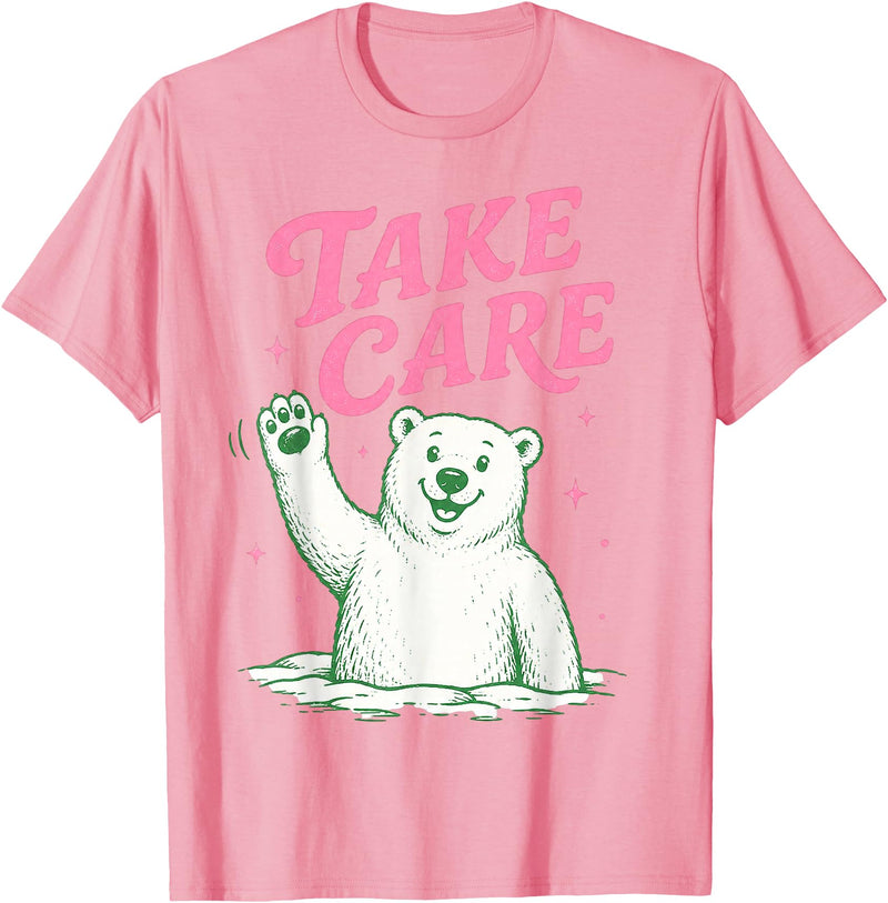 Cute Kawaii Classic Goodbye Childrens Rhyming Game Take Care Polar Bear Happy Funny Last Day of School Summer T-Shirt - Pink