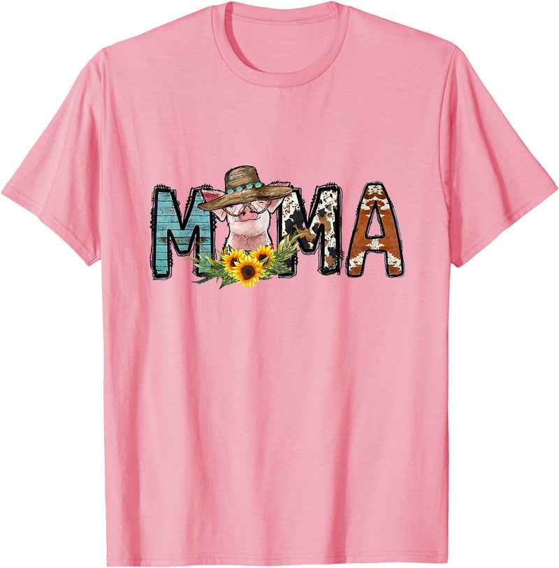 Pig Mama Pig Mom Sunflower Country Farm Life Cowhide T-Shirt - Pink