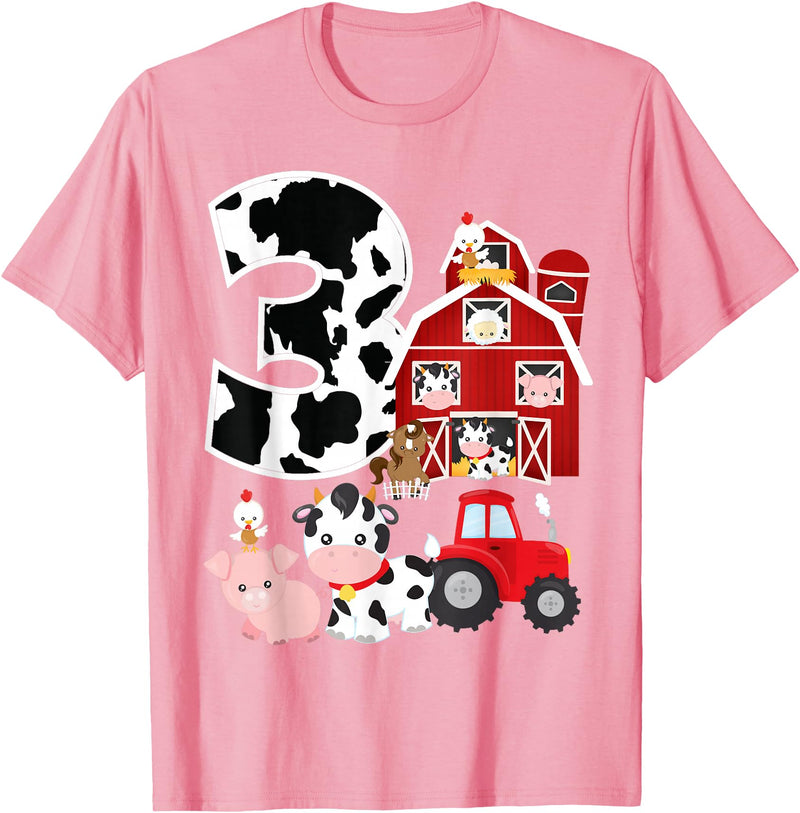 3 Birthday Farm 3 Years Old 3rd Bday Party Supply Farm Barnyard Theme Pig Cow Horse 3rd Birthday 3 Yrs Old T-Shirt - Pink