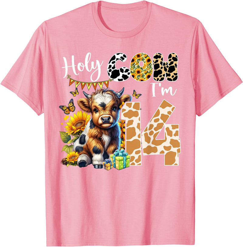 Cute Cow Farm Themed Birthday Girls Family Party Holy Cow I’m 14 Years Old Dairy Cow Sunflowers 14th Birthday T-Shirt - Pink