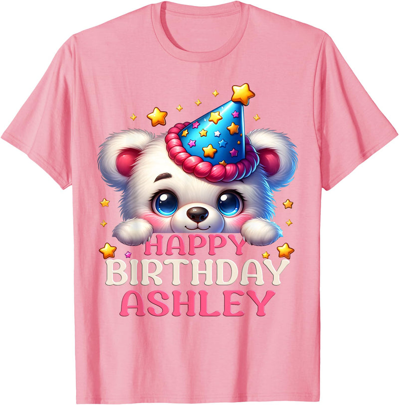 Birthday Teddy Surprise Customized First Name Tee Celebrating Ashley's Birthday Party with a cute Teddy T-Shirt - Pink