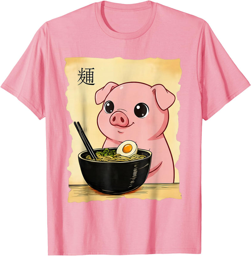 Funny Pig Anime Eating Ramen Pig Ramen Japanese Kawaii Anime Pig T-Shirt - Pink