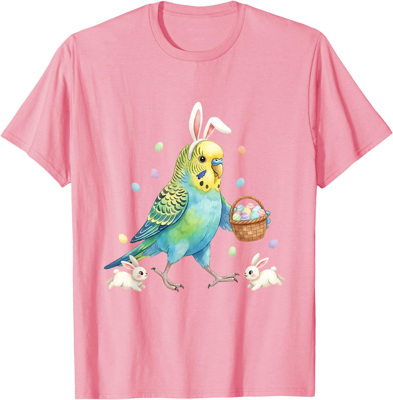 Cute Easter Bunny Rabbit with Eggs Whimsical Parakeet Design T-Shirt in Pink