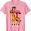 Funny Flamingo Riding Giraffe Cute Animals Funny Flamingo and Giraffe Cool Animals Friends T-Shirt - Pink