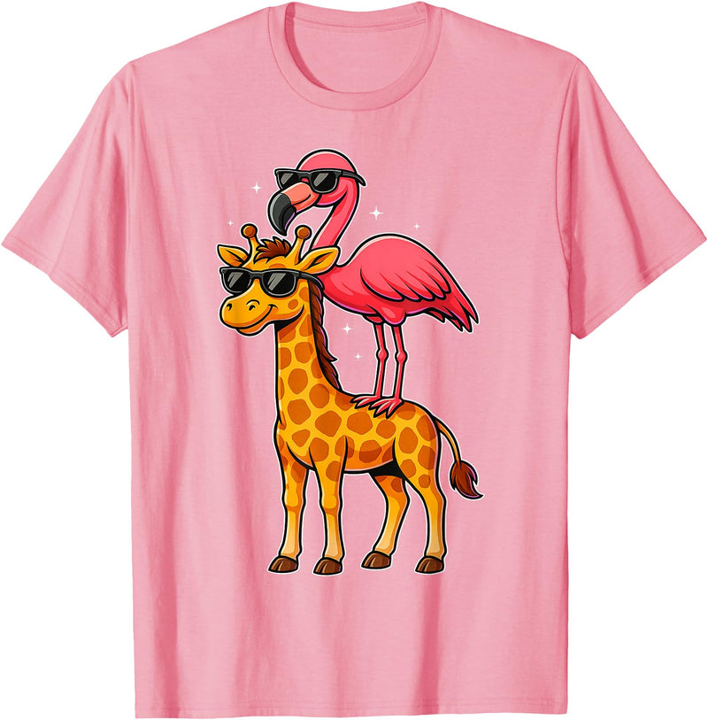 Funny Flamingo Riding Giraffe Cute Animals Funny Flamingo and Giraffe Cool Animals Friends T-Shirt - Pink