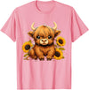 Cute Scottish Highland Cow Sunflower Highland Cow Farm T-Shirt - Pink