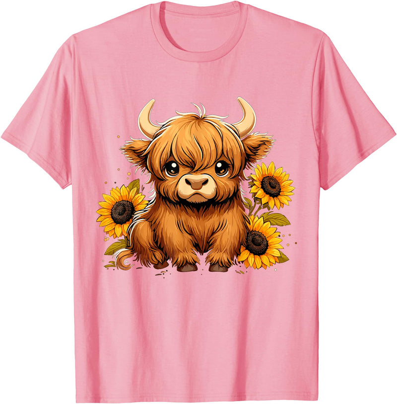Cute Scottish Highland Cow Sunflower Highland Cow Farm T-Shirt - Pink
