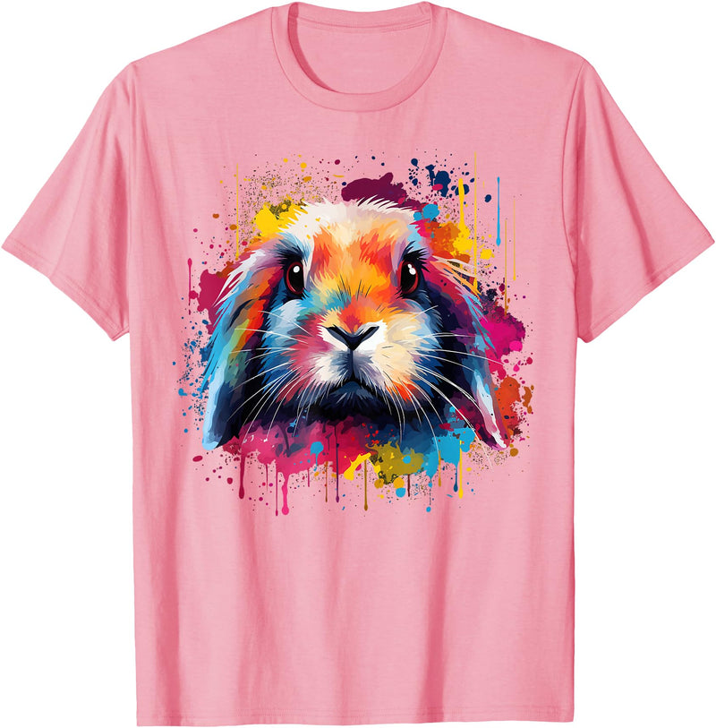 Cute Holland Lop Rabbit Lover Colorful Splash Art T-Shirt in Pink