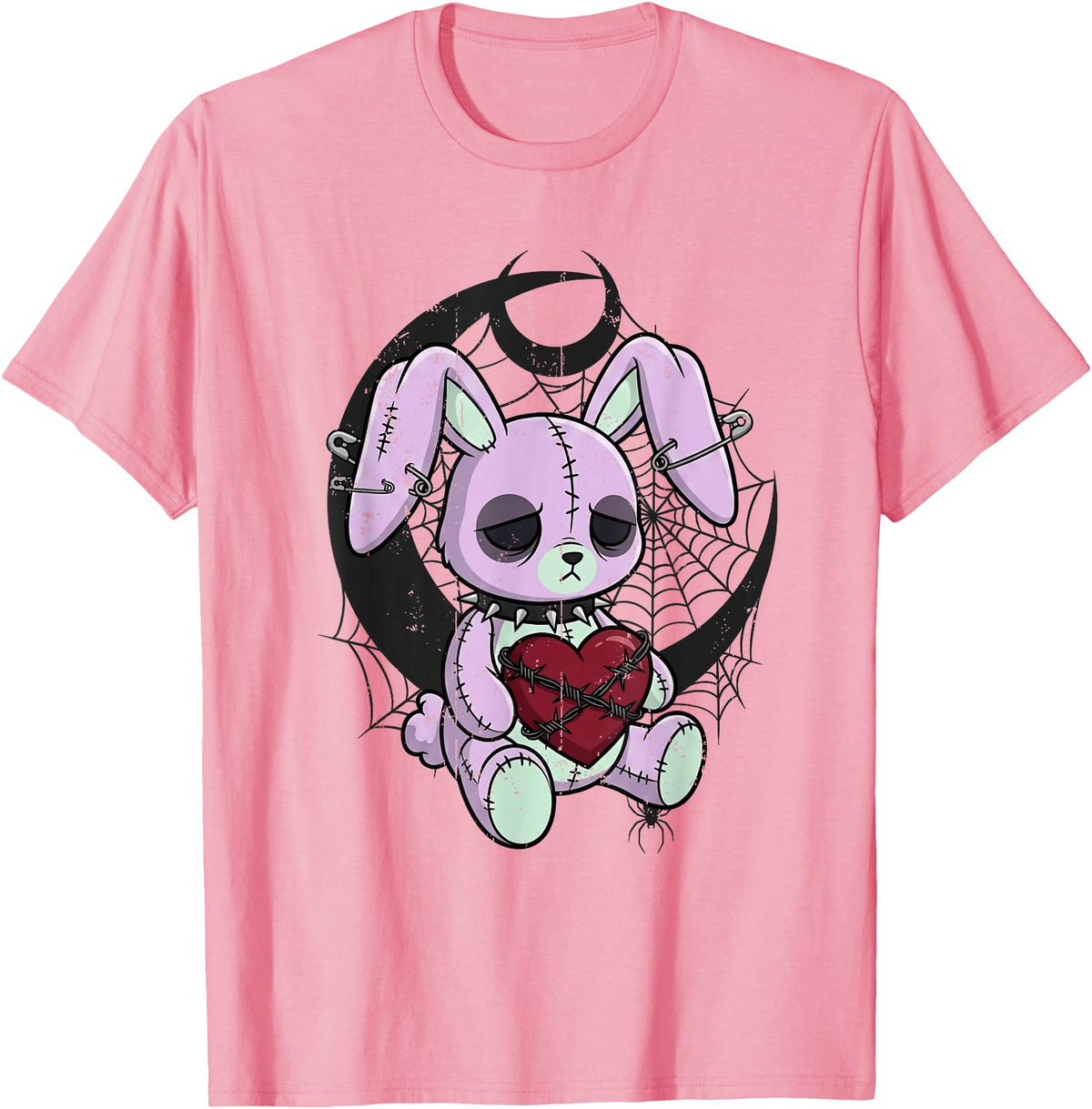 Creepy Cute Bunny Goth Heart Spiderweb Alt Pastel Rabbit T-Shirt in Pink