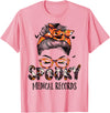 TeeaxArt Spooky Halloween Gifts Messy Bun Spooky Medical Records Pumpkin Halloween Bat T-Shirt - Pink